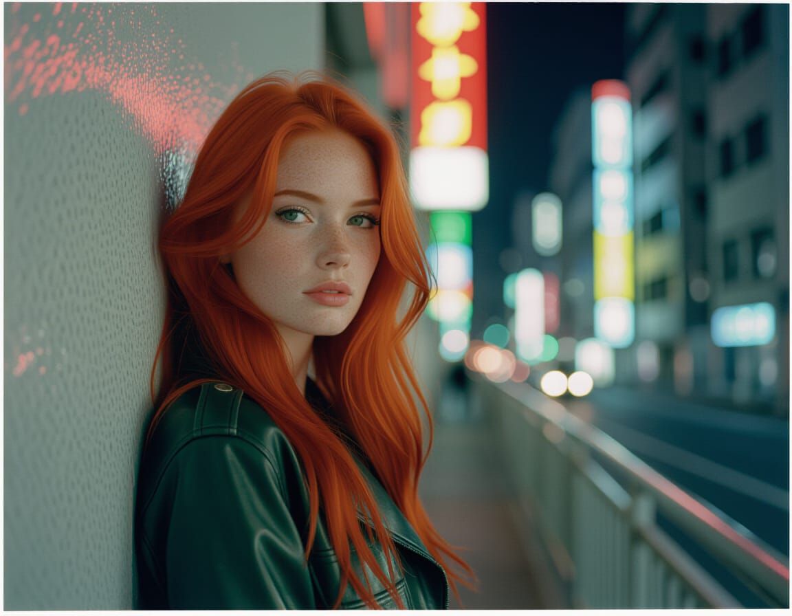 Redhead in Cyberpunk City: Vintage Film Photography