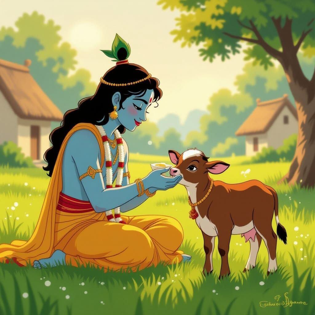 Krishna Feeding Calf: Ghibli-Inspired Whimsical Art