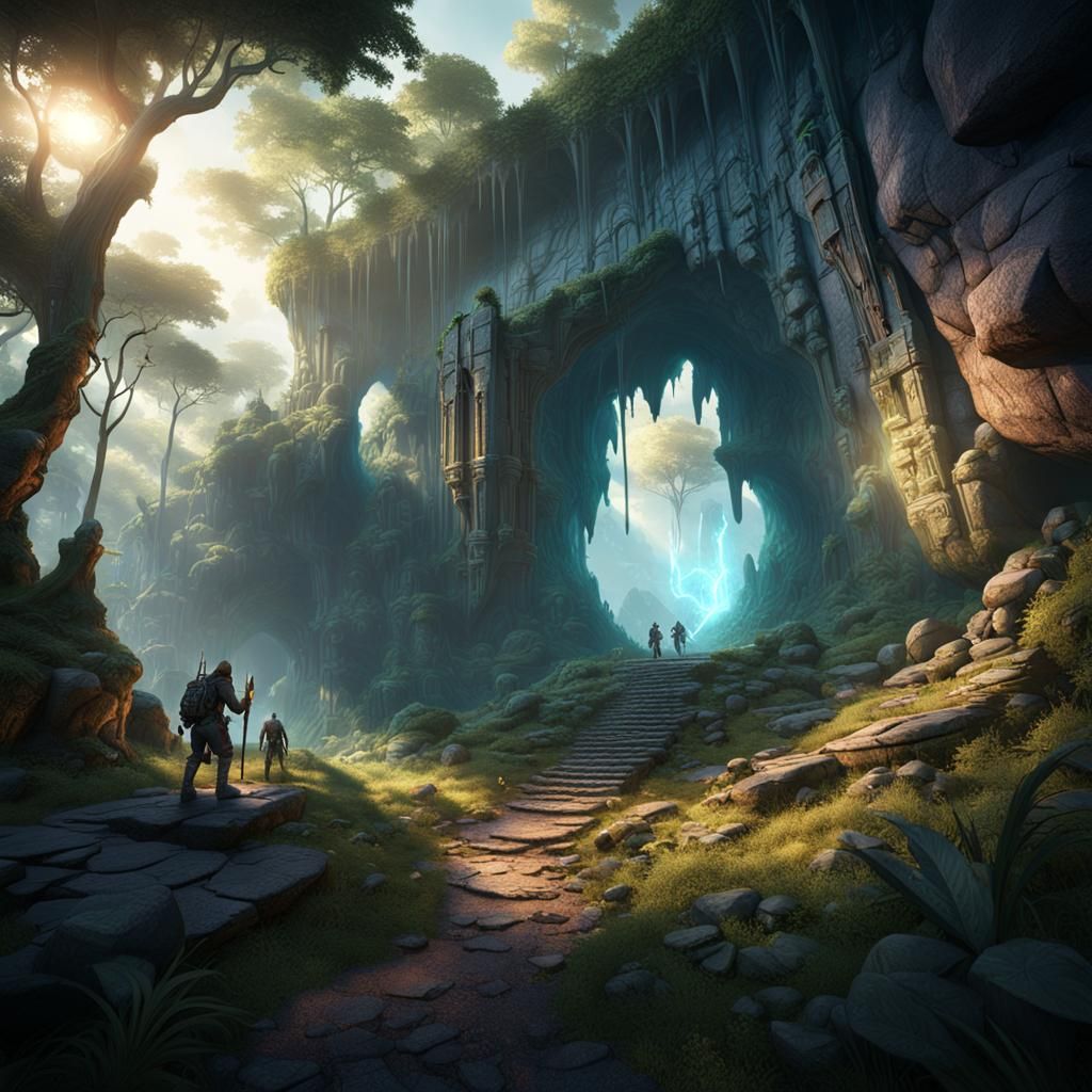 Adventurers Emerge from Cave at Dawn: Fantasy Concept Art