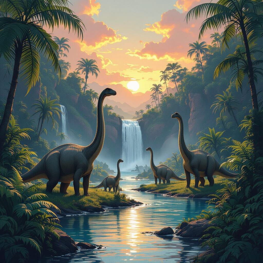 Serene Prehistoric Scene with Dinosaurs in Airbrushed Style