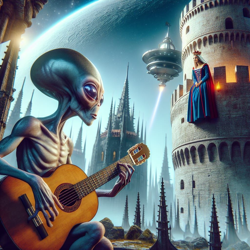 Princess and Alien in Surreal Stargazing Scene