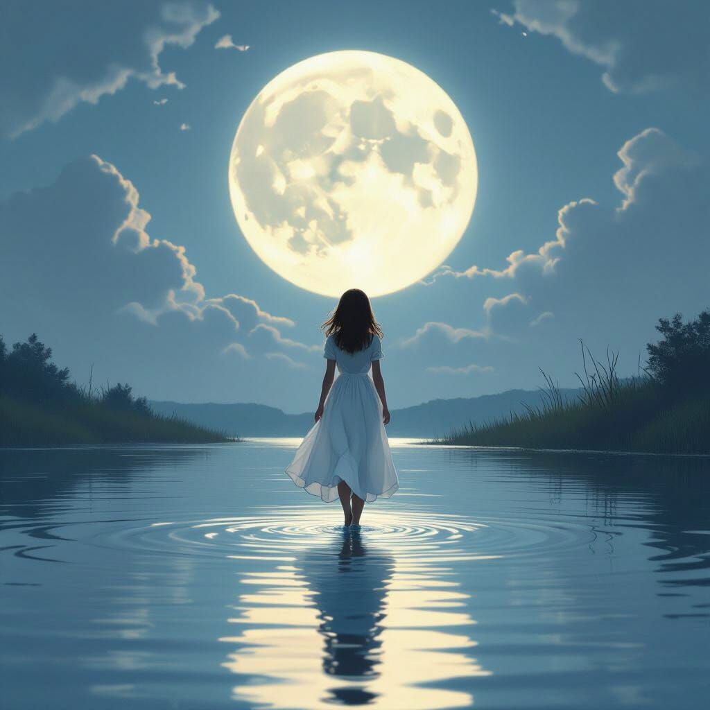 Ethereal Moonlight: Girl Walks on Serene Lake