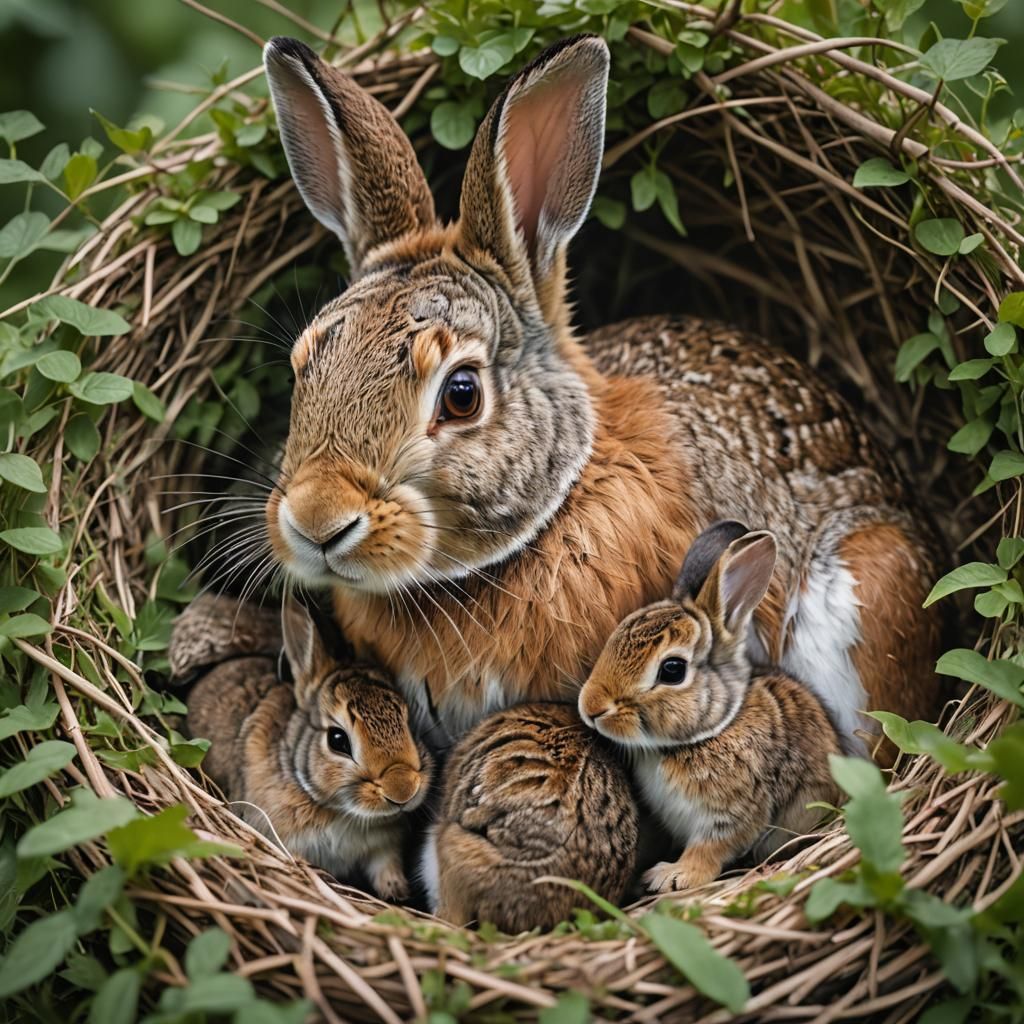Rabbit Nursing Young: Wildlife Photography Close-Up