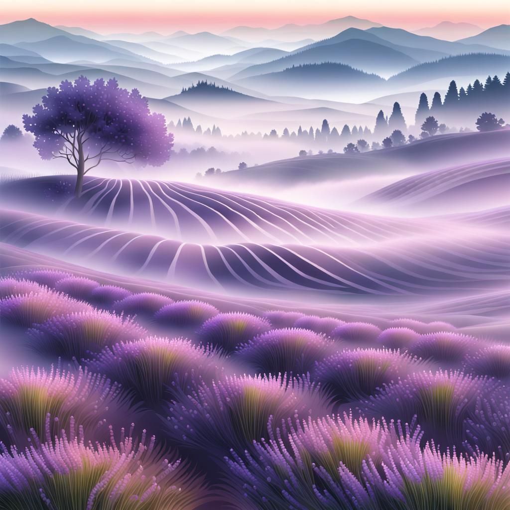Mist-Covered Lavender Field in Morning Light