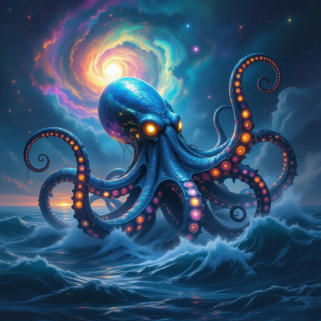 Biomechanical Kraken Emerges from Alien Ocean, Art Nouveau S...