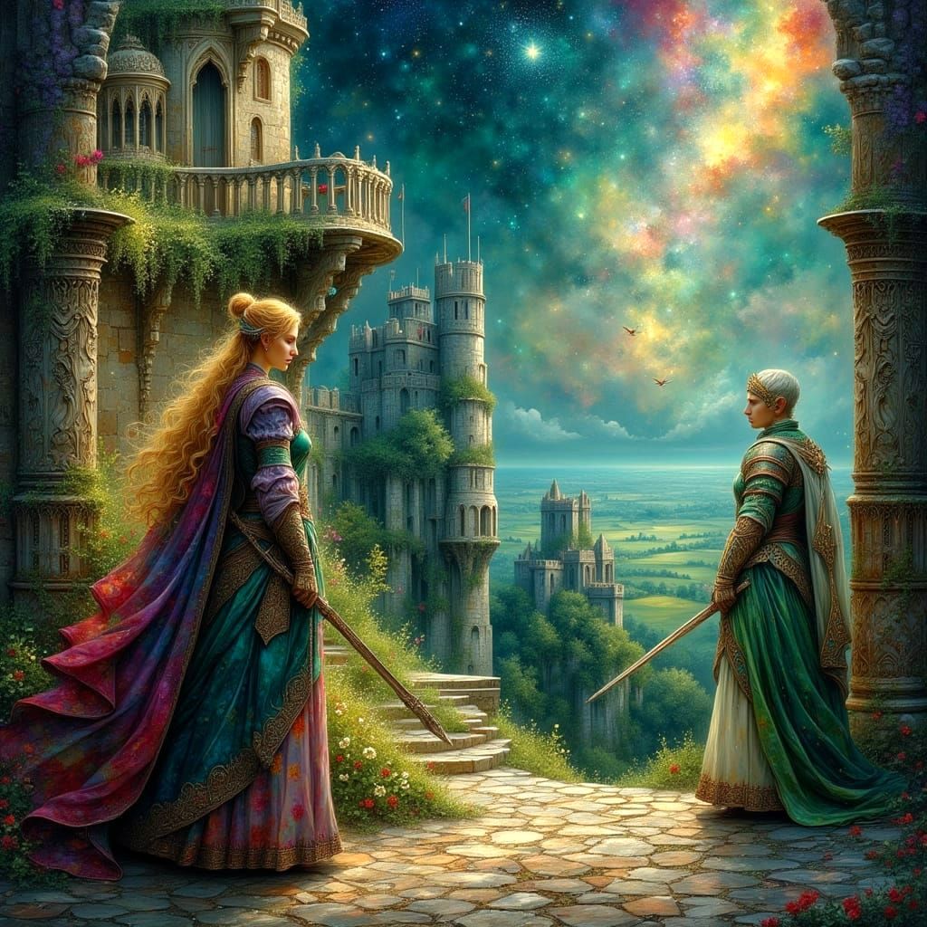 Arthur and Lancelot in Cozy Pastel Camelot