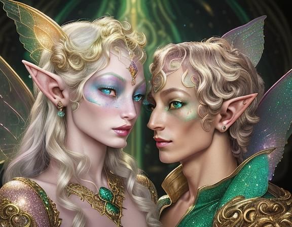 Emerald and Gold Faeries in Rococo Starscape