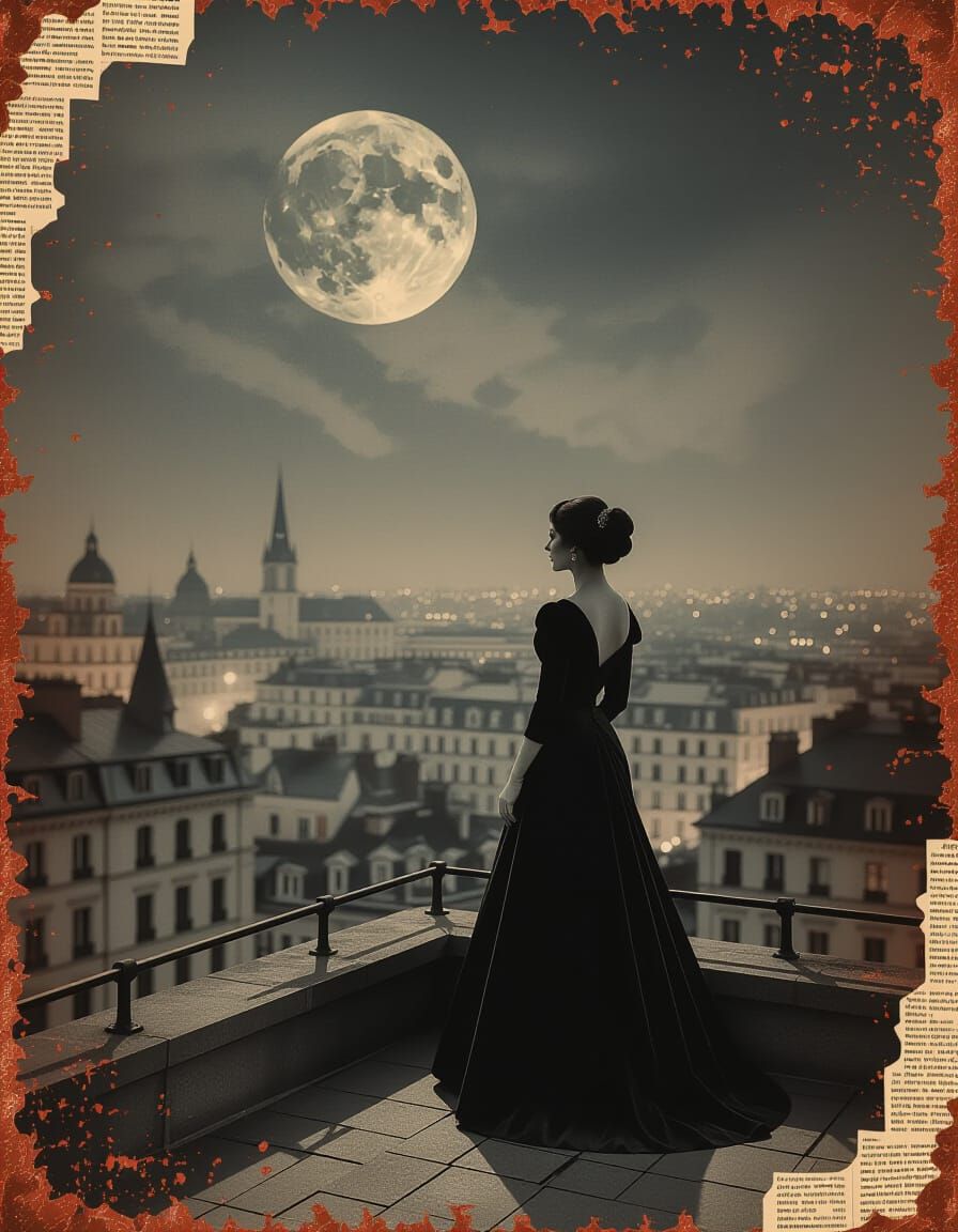 Elegant Woman Gazing at Moon in Daguerreotype Style