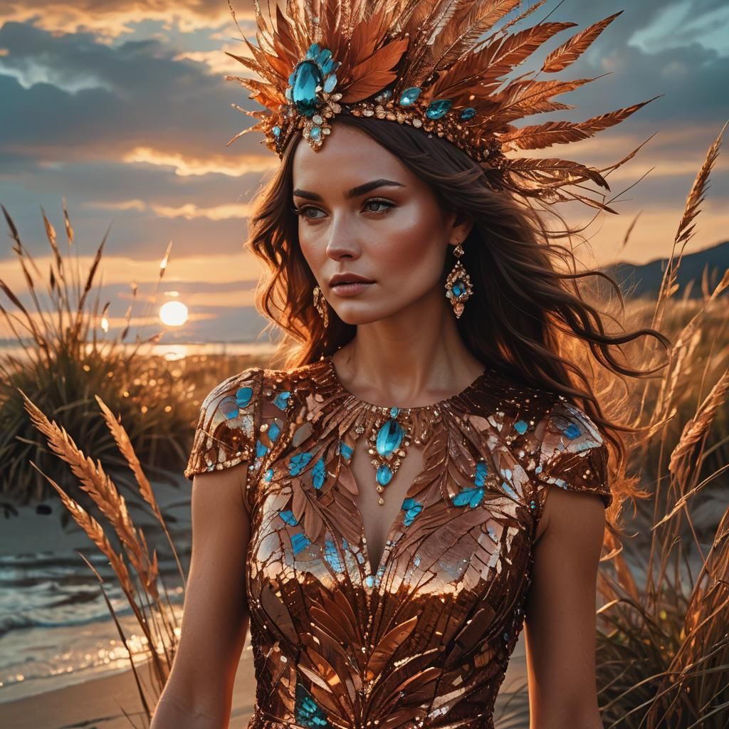 Brunette in Sequin Dress at Sunset: Art Nouveau Style