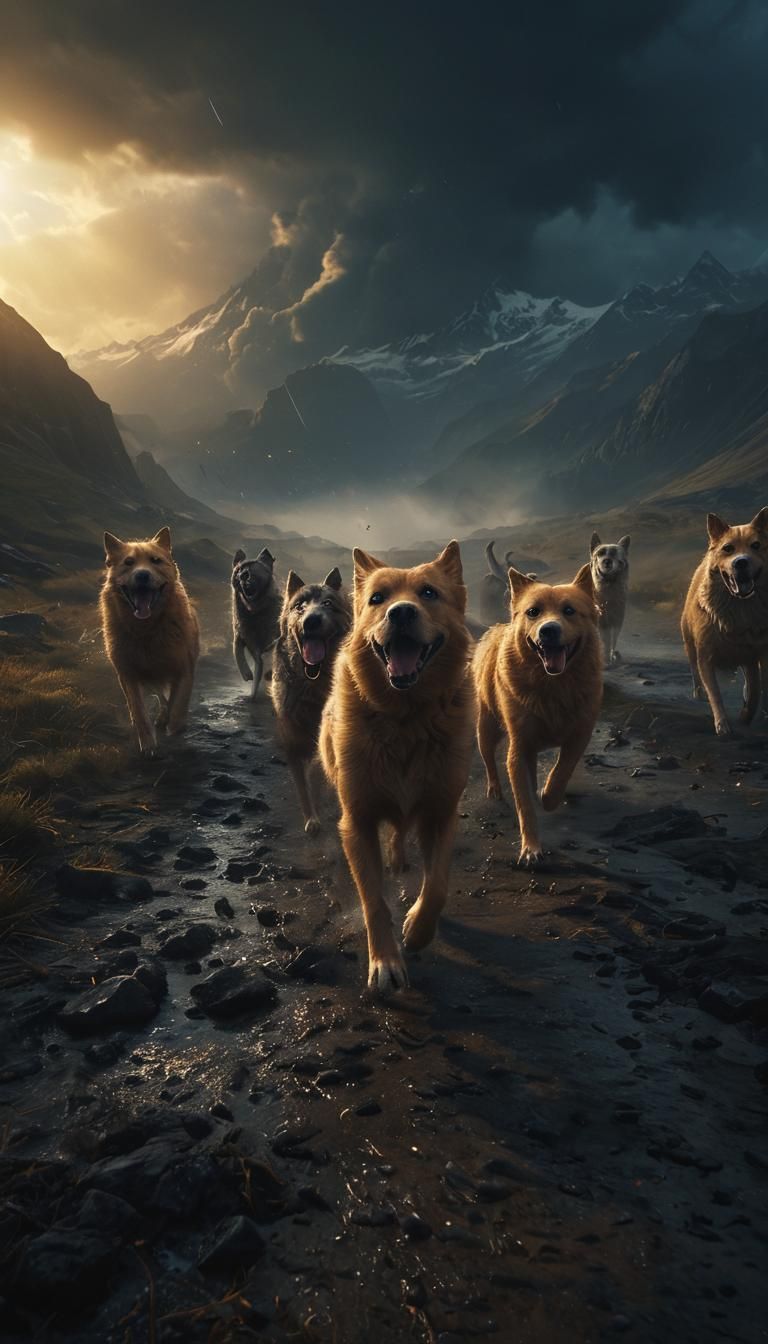 Dogs Running in Stormy Landscape: Digital Matte Painting