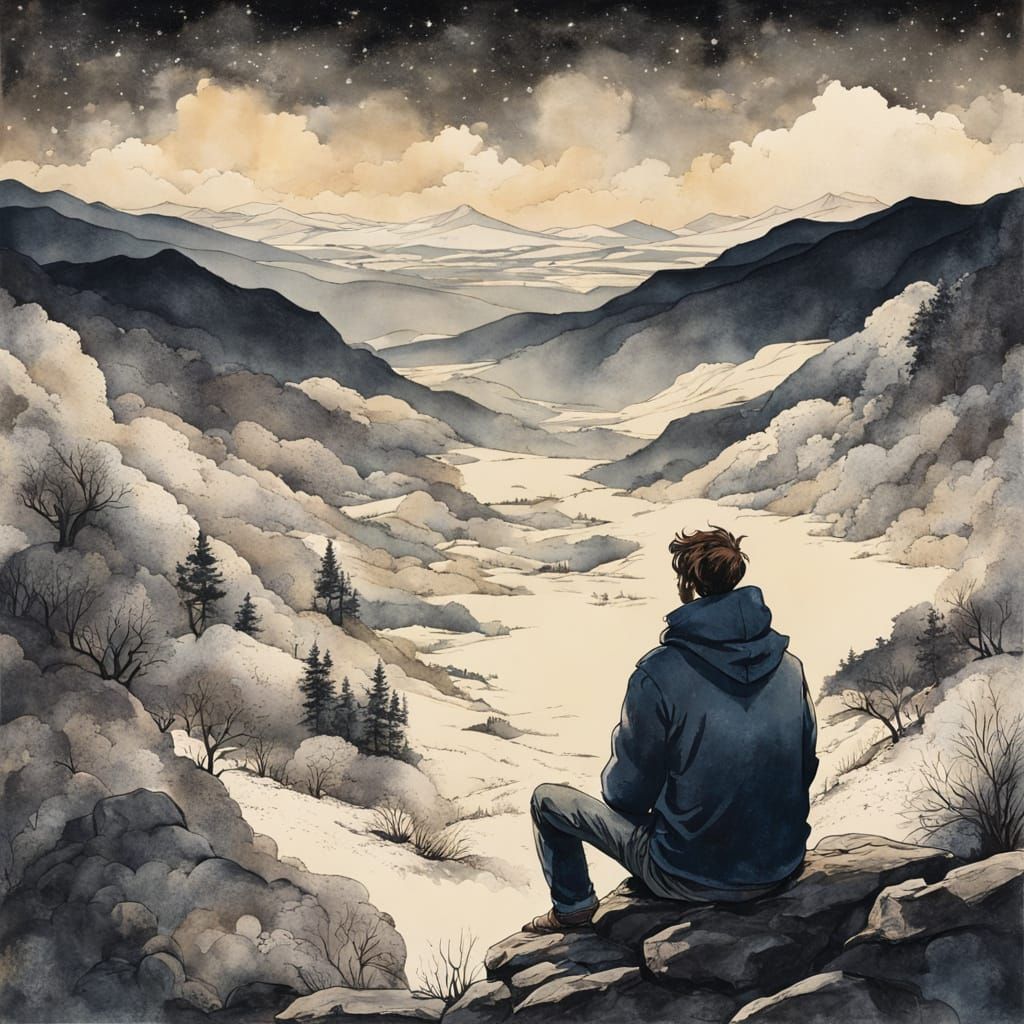 Young Man on Rocks in Vintage European Ink Painting