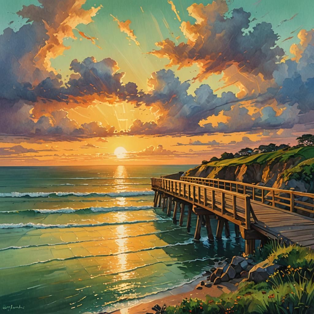 Golden Hour Sunset Over Ocean Gouache Painting