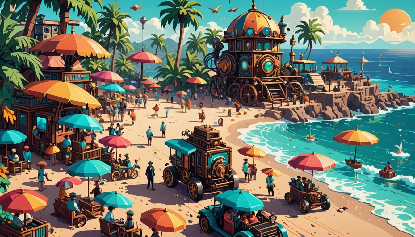 Vibrant Pixel Art Beach with Steampunk Engine