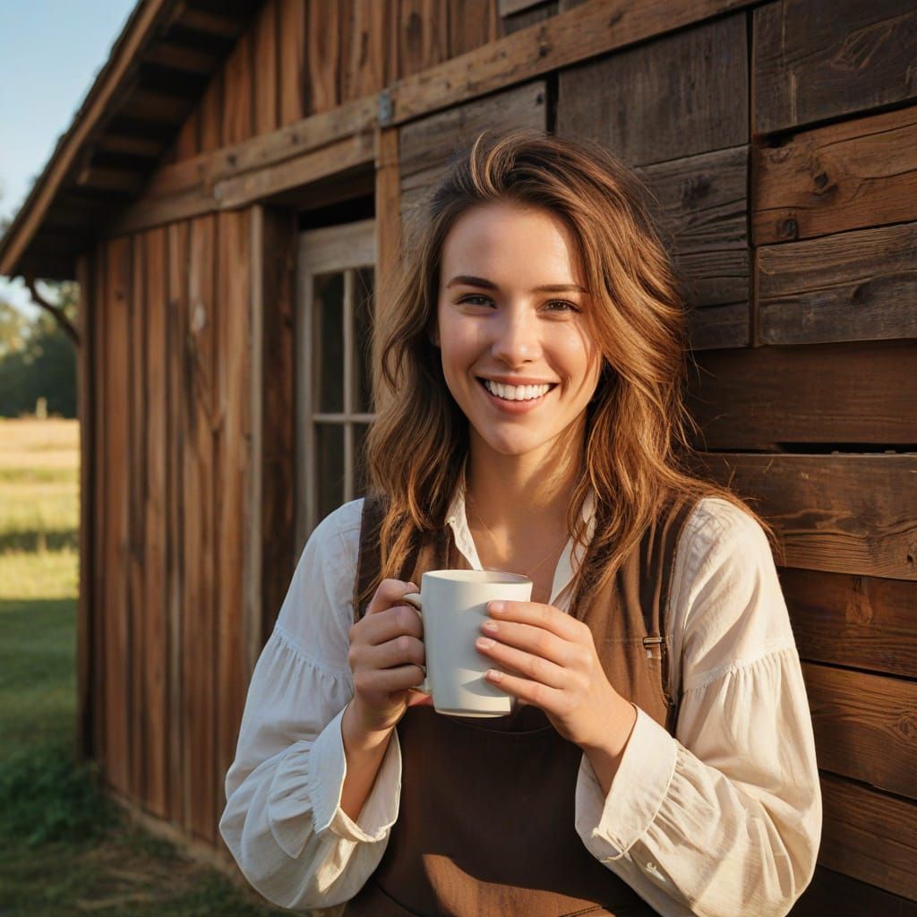 Woman Laughing Against Rustic Stable in Warm Style