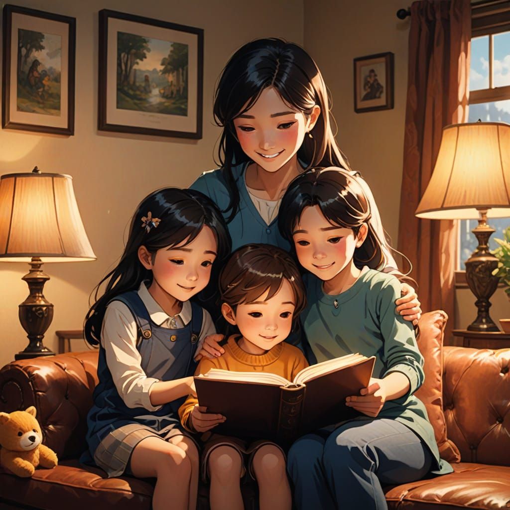 Mother's Whimsical Reading Session in Anime Style