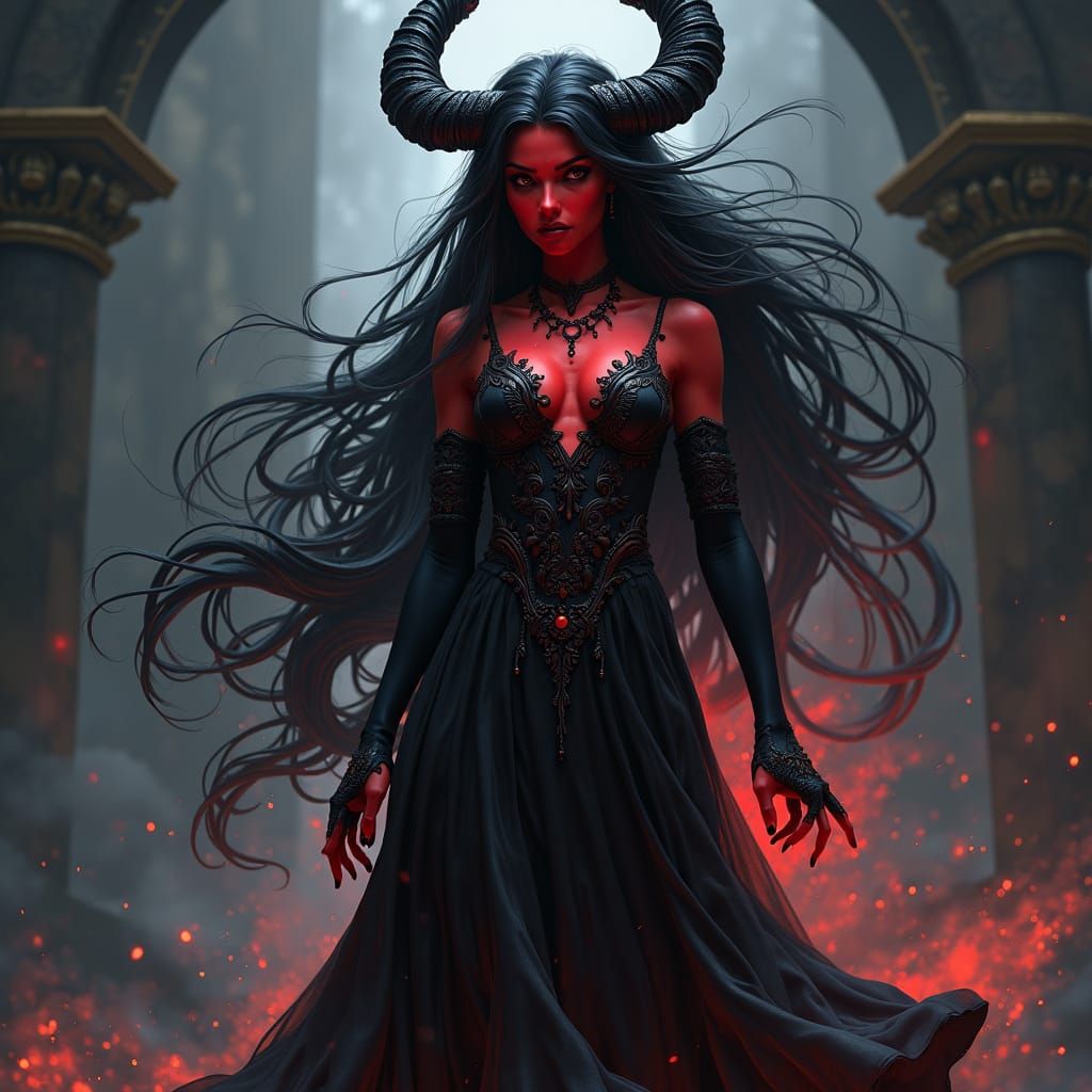 Majestic Tiefling Woman with Flowing Dress