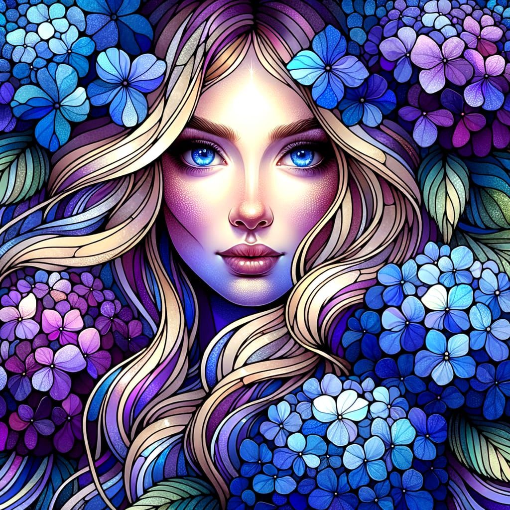 Woman Surrounded by Fantastical Hydrangeas in Stained Glass ...