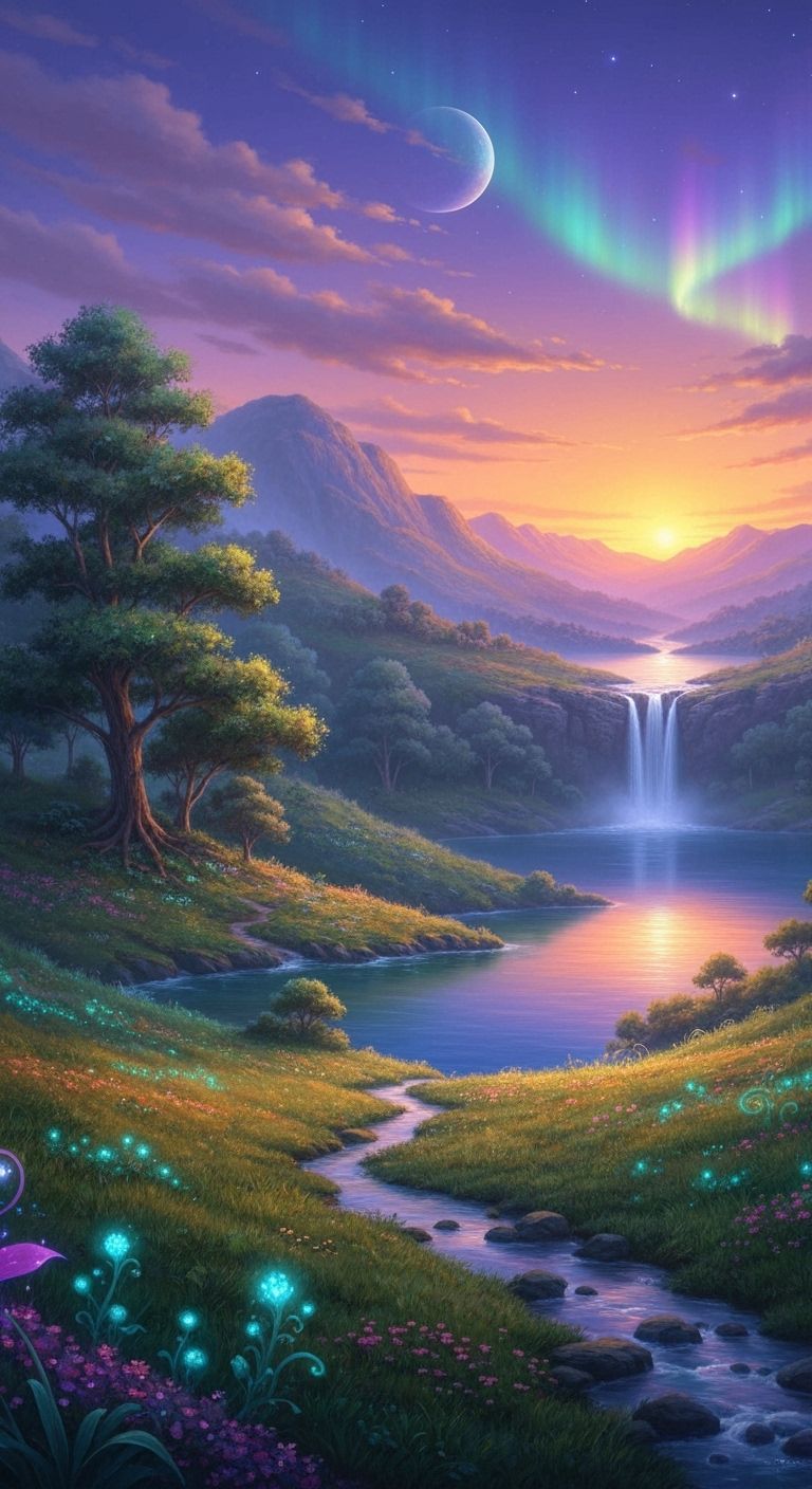 Enchanted Fantasy Landscape with Glowing Flora and Aurora