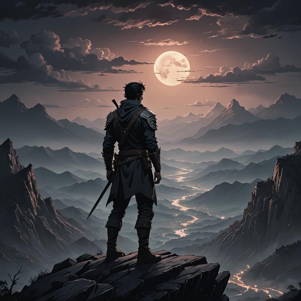 Mystical Warrior in Film Noir Anime Mountainscape