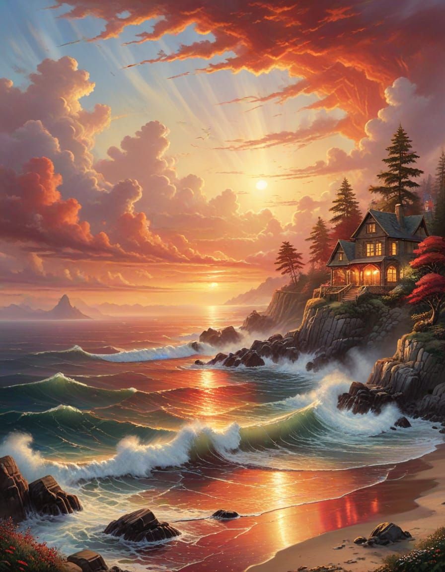 Brilliant Red and Gold Sunset Over Ocean Coastline