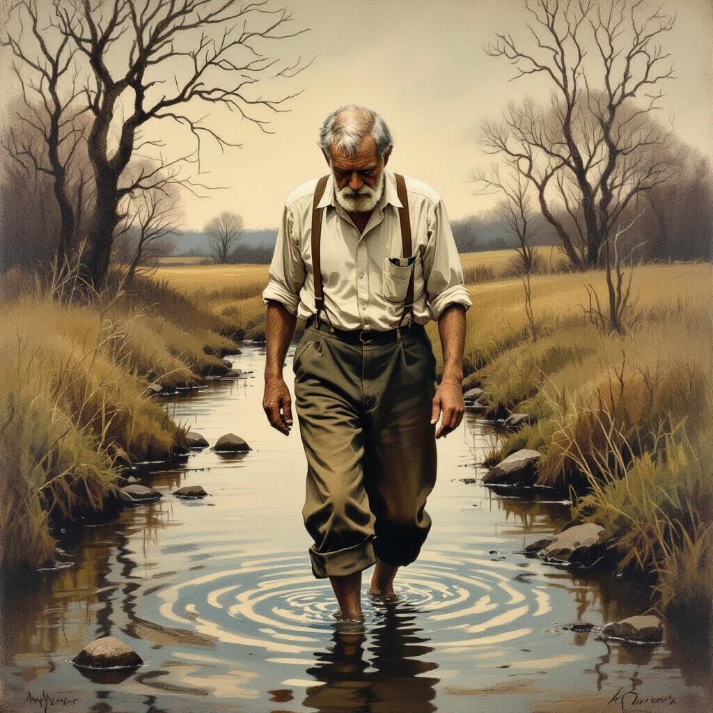 Melancholy Old Man Crossing Brook, Wyeth Style