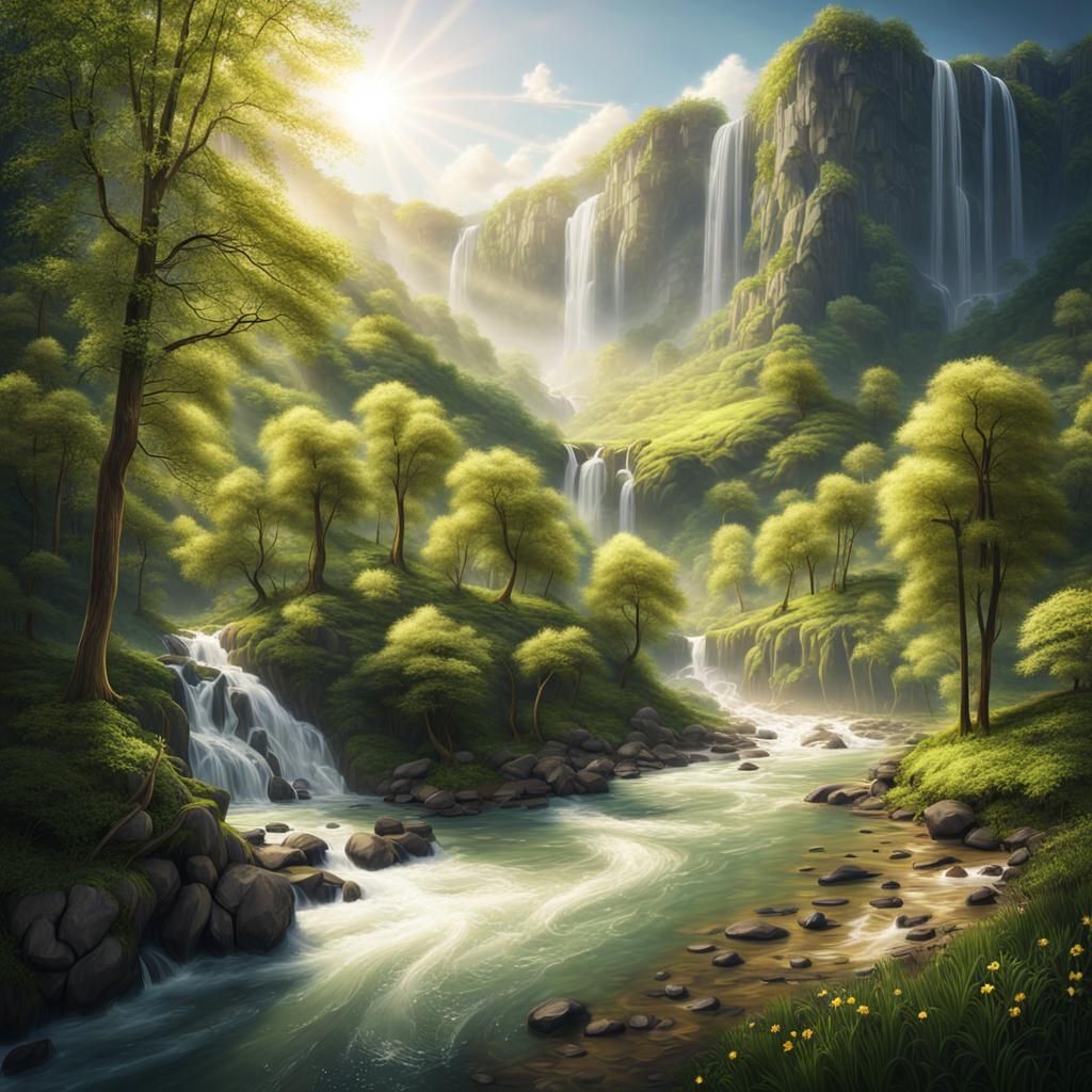 Sunlit Spring Forest With Waterfalls: Digital Matte Painting