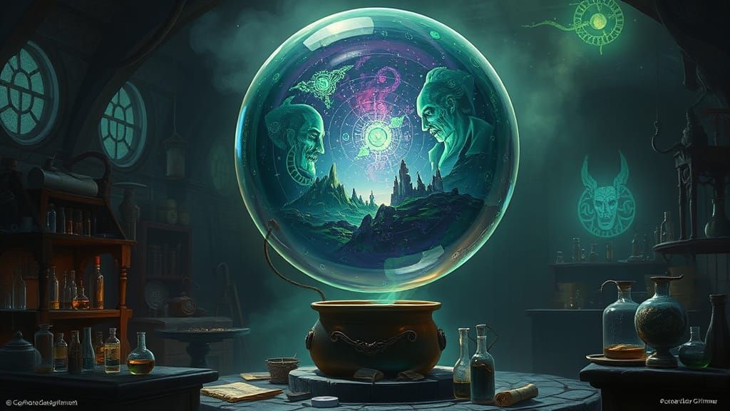 Mystical Bubble Above Bubbling Cauldron in Dark Fantasy Styl...