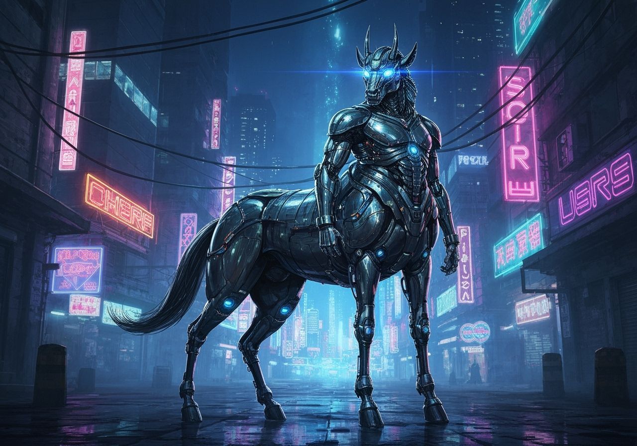 Cybernetic Centaur in Neon Cyberpunk City