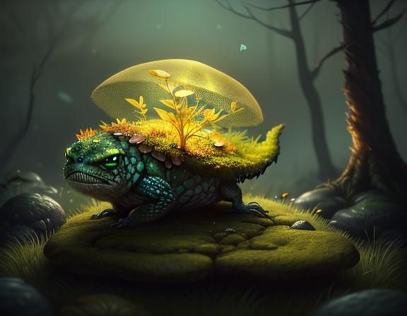 Female Amphibioid Gazing at Bioluminescent Flower