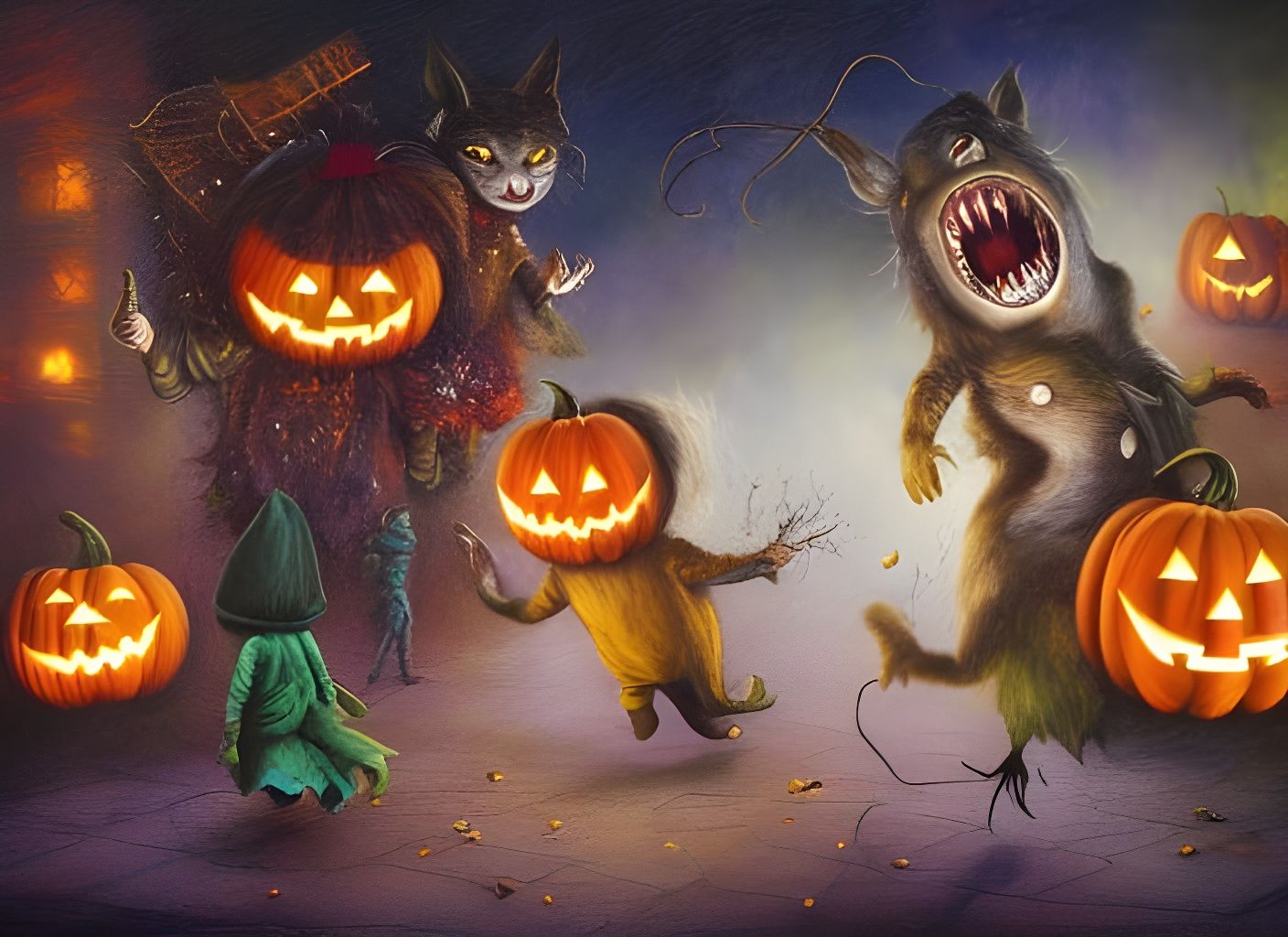 Furry Halloween Tricksters Throwing Candy: Digital Illustrat...