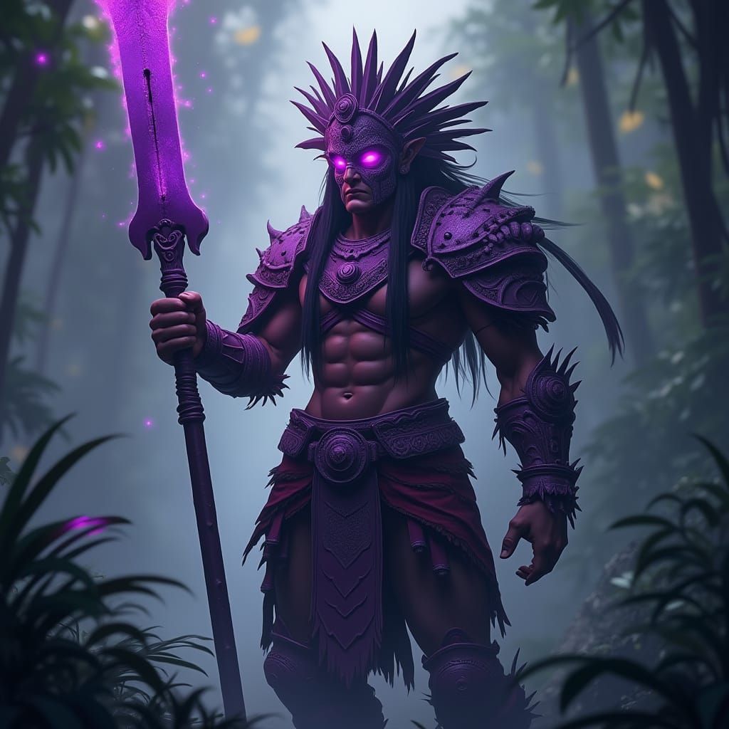 Mystical Aztec Warrior in a Haunting Jungle Realm