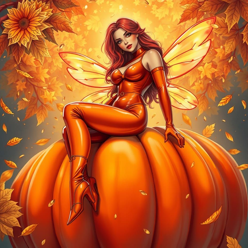 Fairy in Orange Latex on Giant Pumpkin