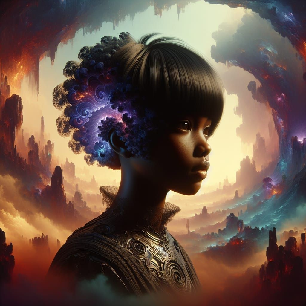 Fantastical Girl in an Ethereal Landscape with Intricate Hai...