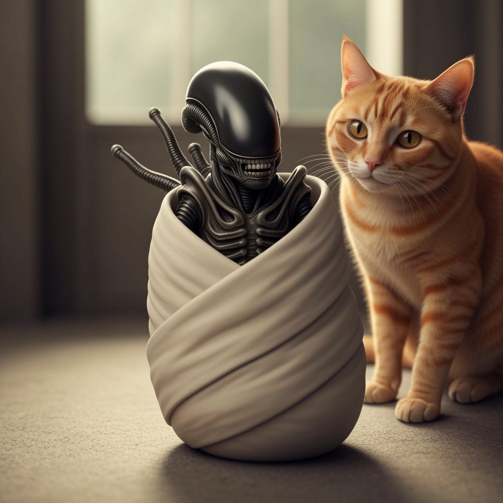 Xenomorph Baby Swaddled With Orange Cat
