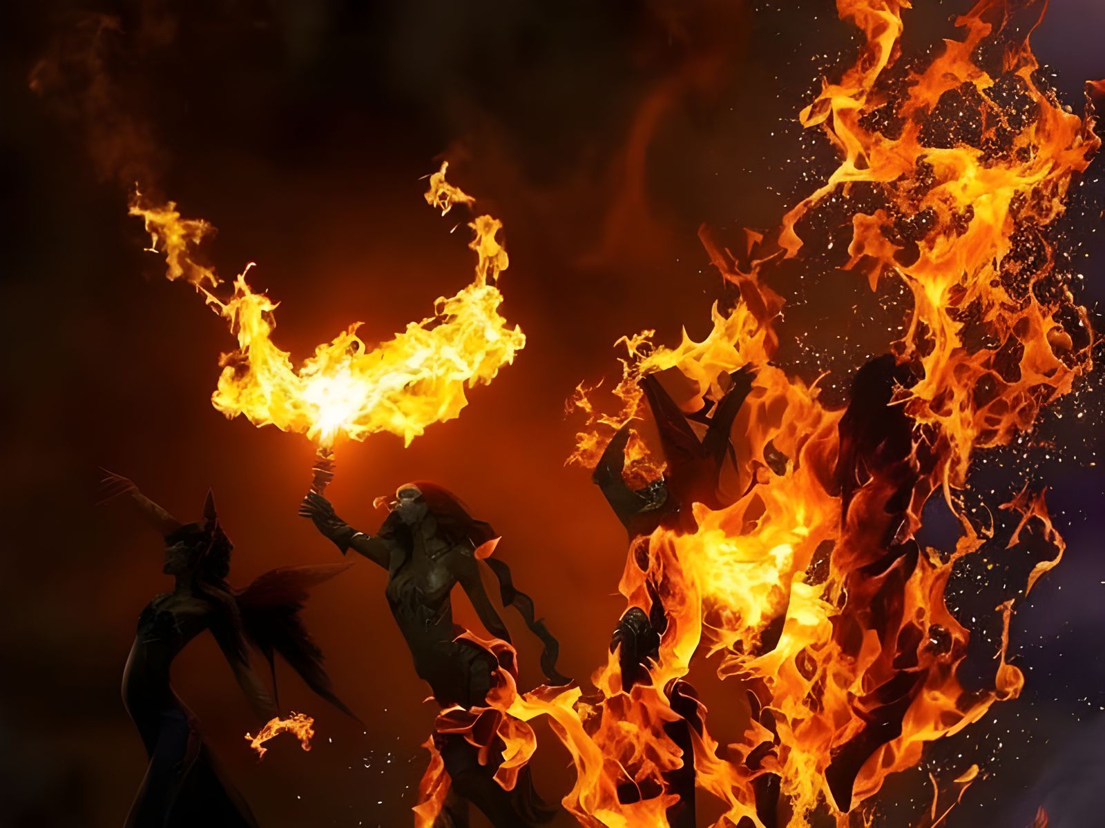 Colorful Fire Beings Dance in Fantasy Flames