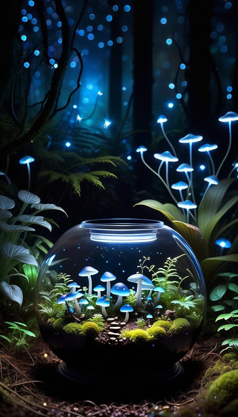 Bioluminescent Mushrooms and Fireflies in Terrarium