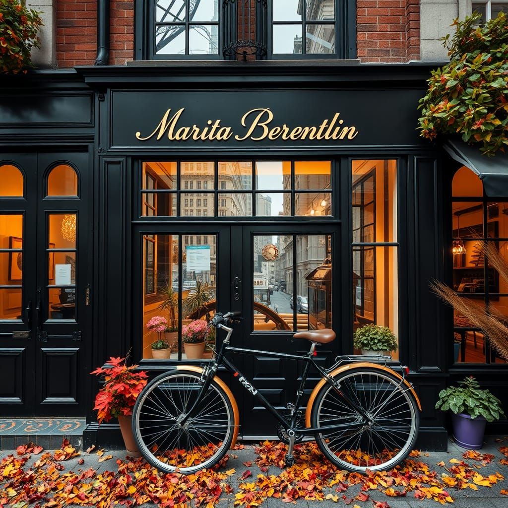 Elegant Café with Autumn Leaves and Cityscape