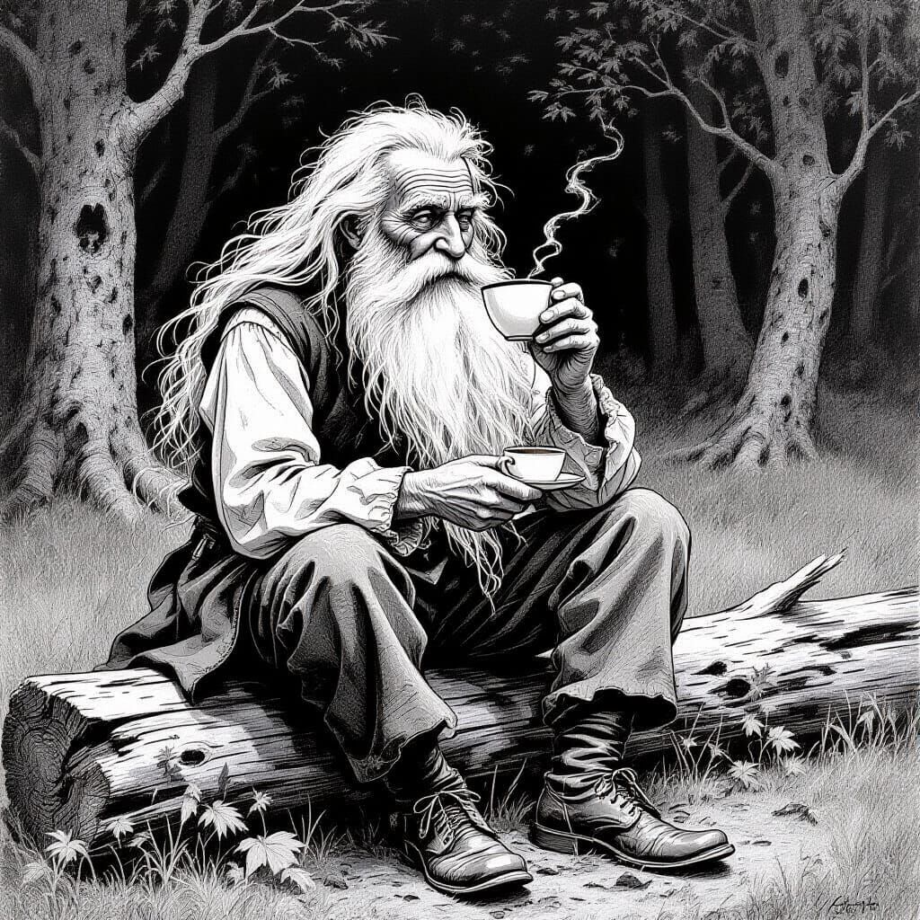 Old Man Drinking Coffee: Arthur Rackham Style Sketch