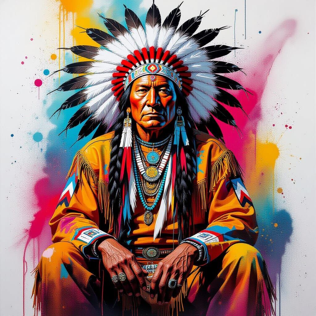 Sitting Bull in Polychromatic Graffiti Art Style