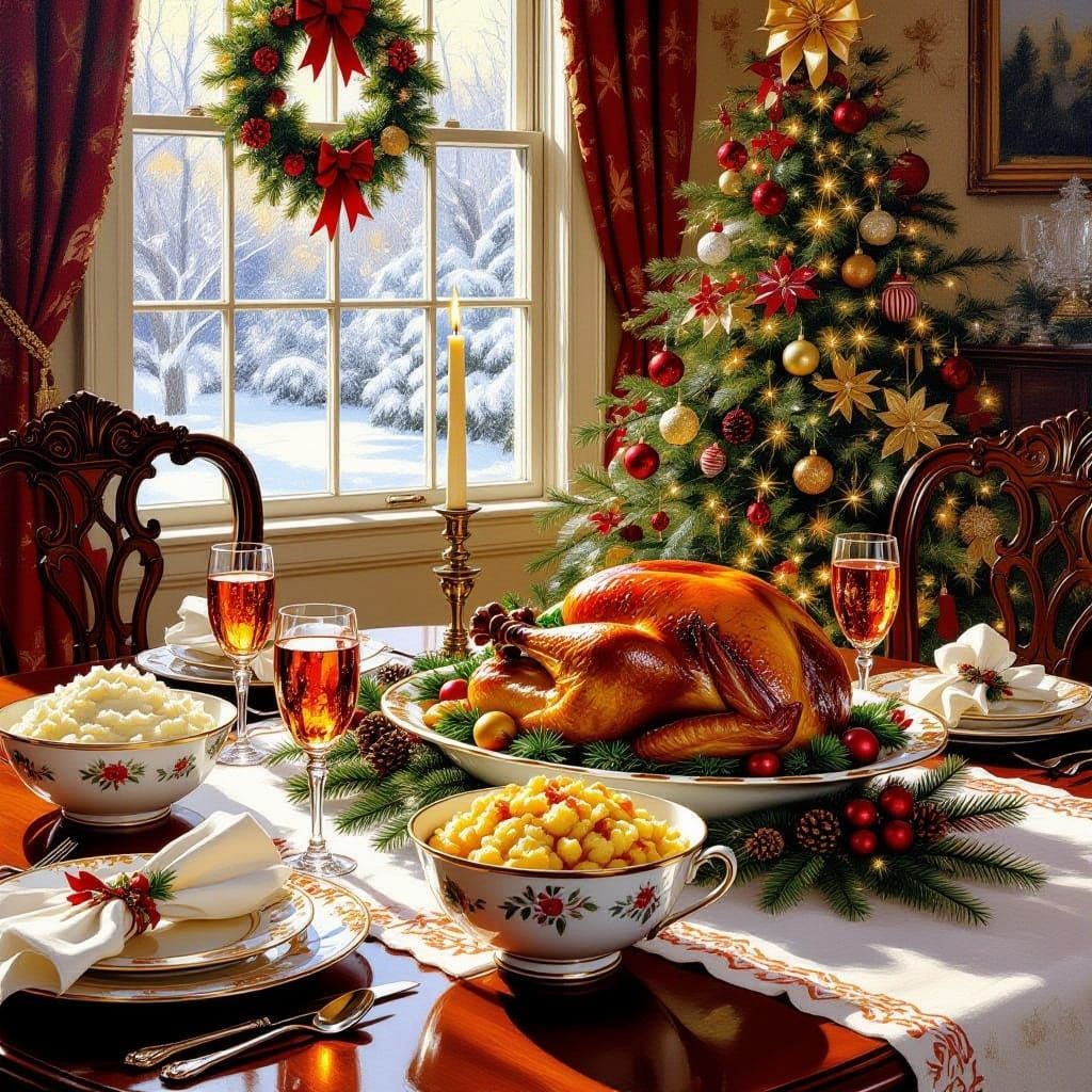 Thanksgiving Feast in Warm Oil Painting Style