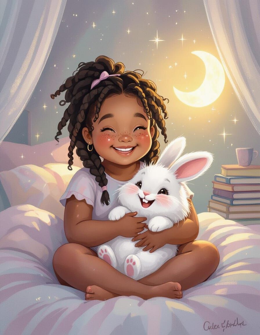 Smiling Girl with Bunny in Dreamy Pastel Bedroom