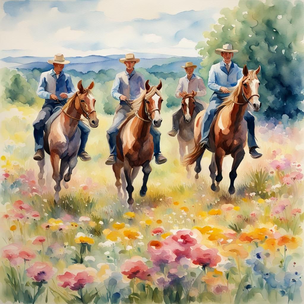 Equestrian Meadow: Impressionist Watercolor Gouache Painting