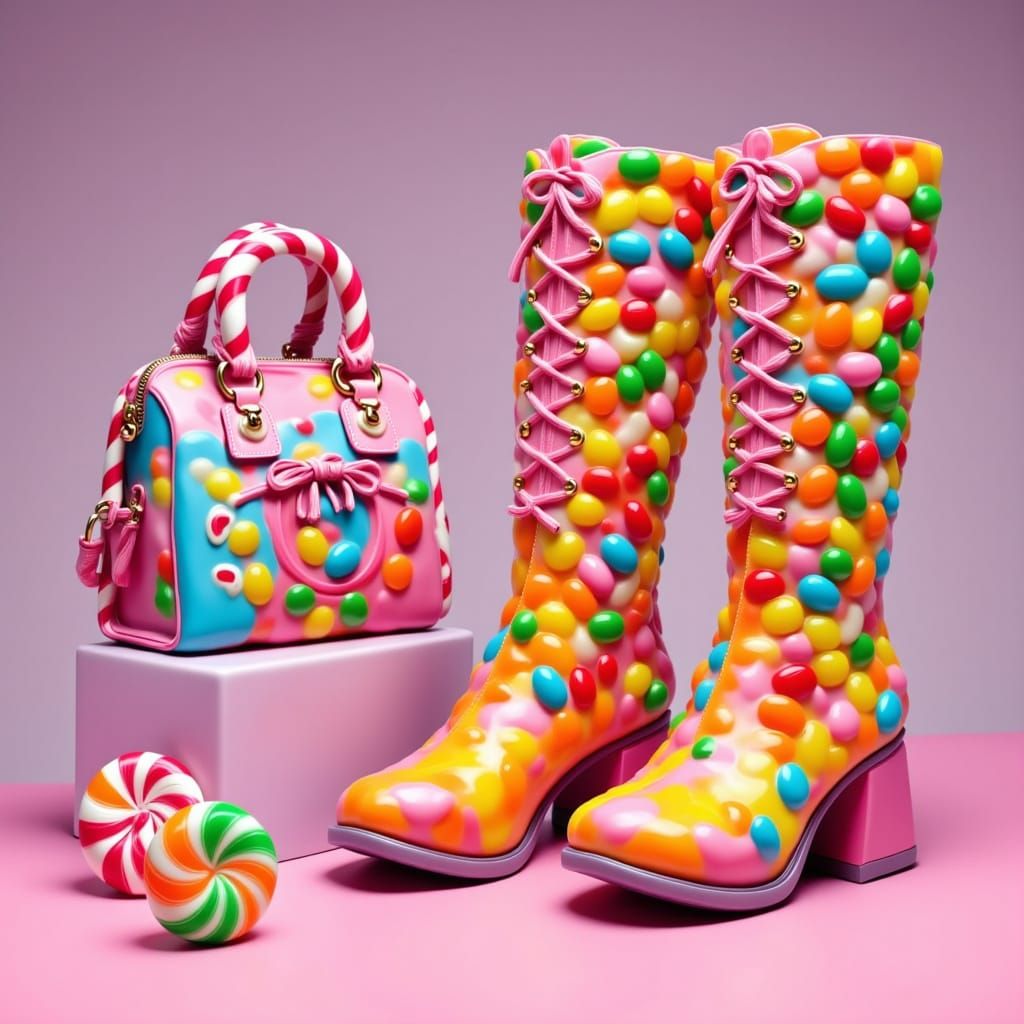 Candy-Themed Designer Boots and Handbag Set