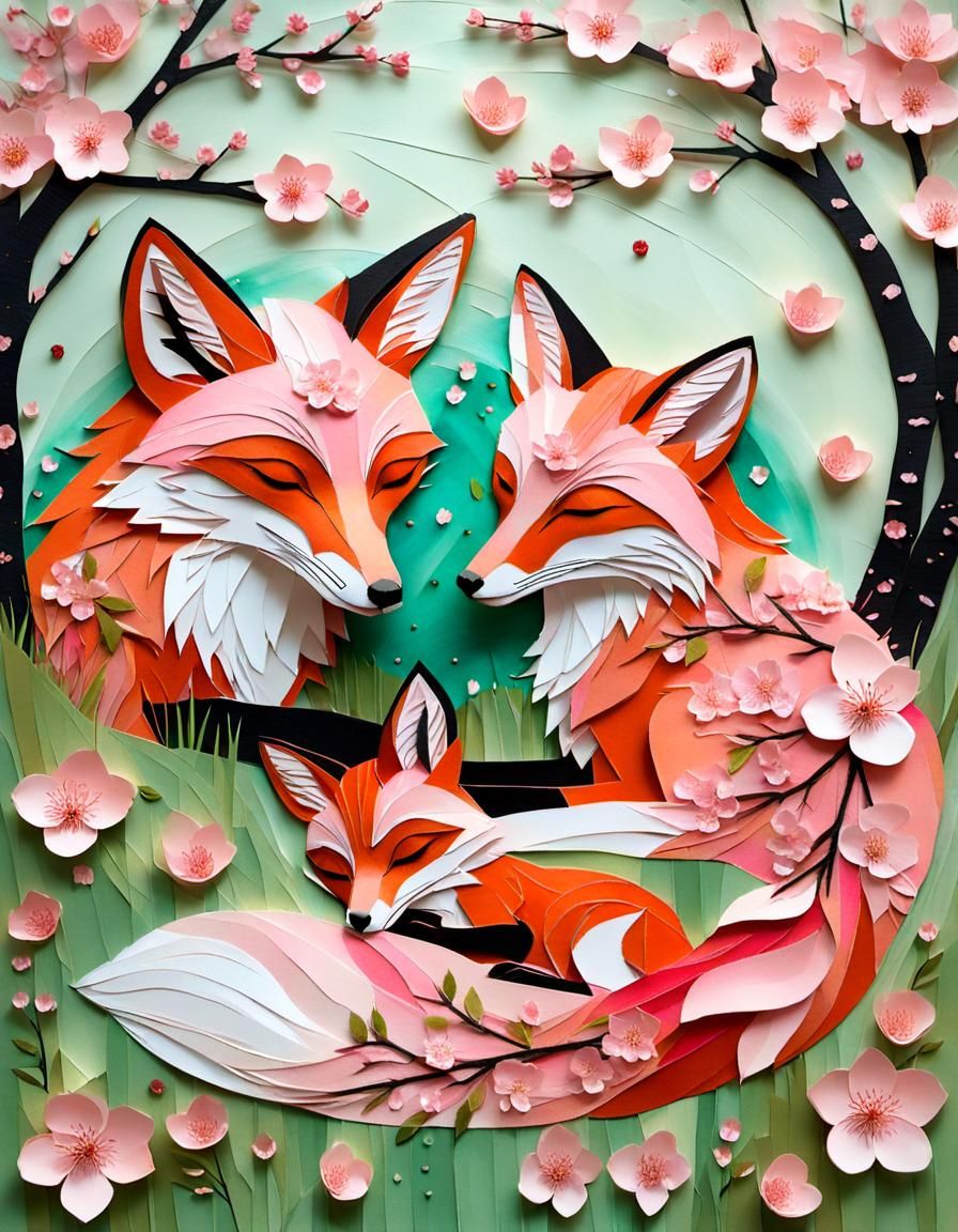 Fox Family Assembled in Mixed Media Collage