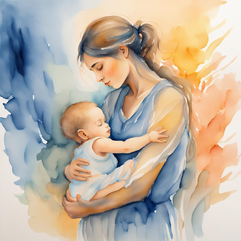 Serene Mother and Child Watercolor Painting