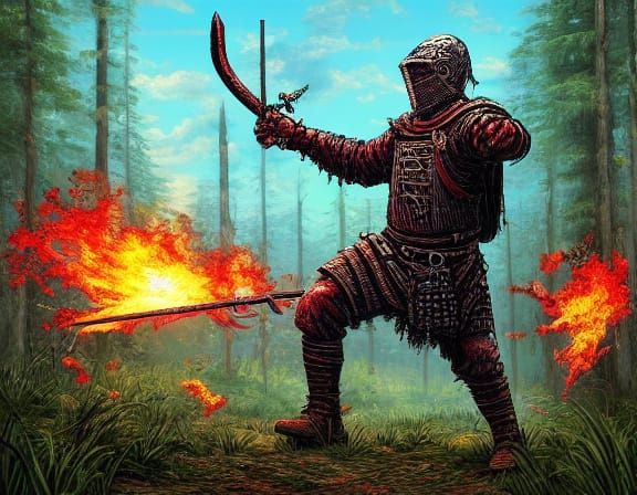 Pixel Art Medieval Hunter Fights Giant Flaming Minotaur