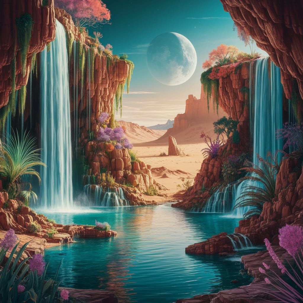 Alien Desert Oasis with Waterfalls, in Mixed Media