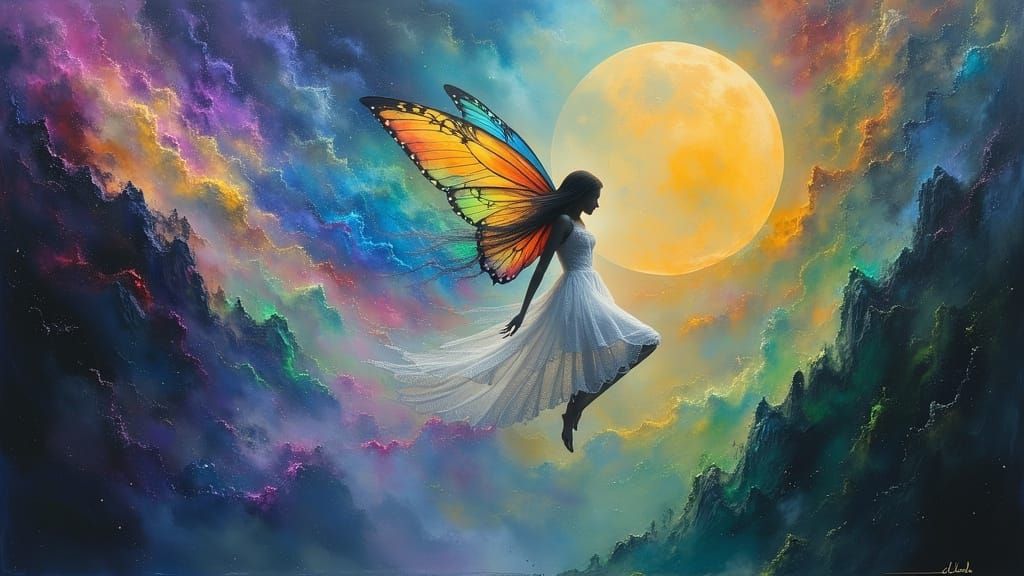 Fairy with Rainbow Butterfly Wings in Oil Paint Style