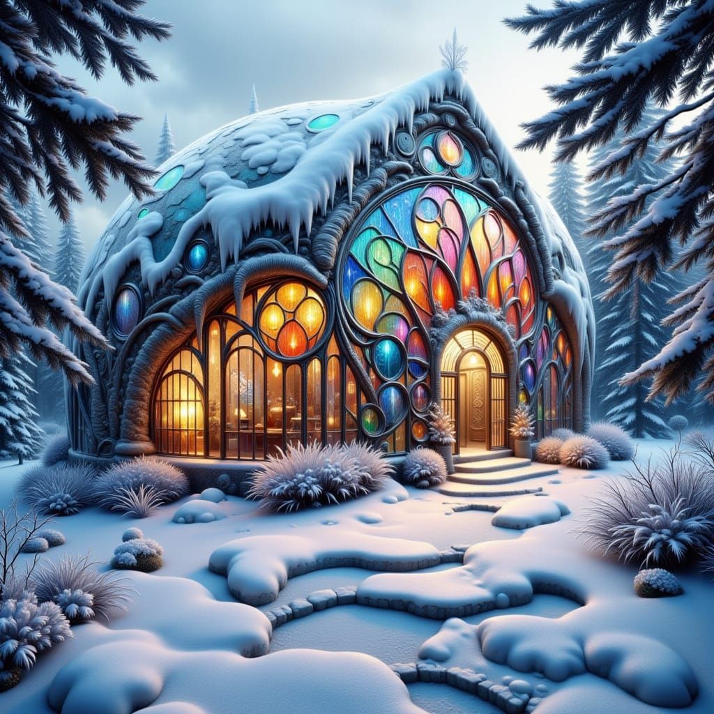 Stained Glass Igloo Home with Rainbows on Snow