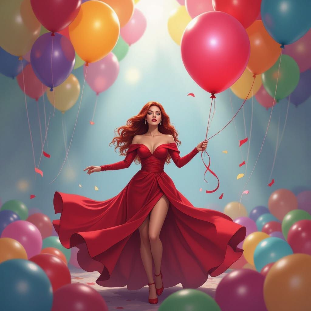 Scarlet Witch and Shimmering Balloons in Cartoon Style